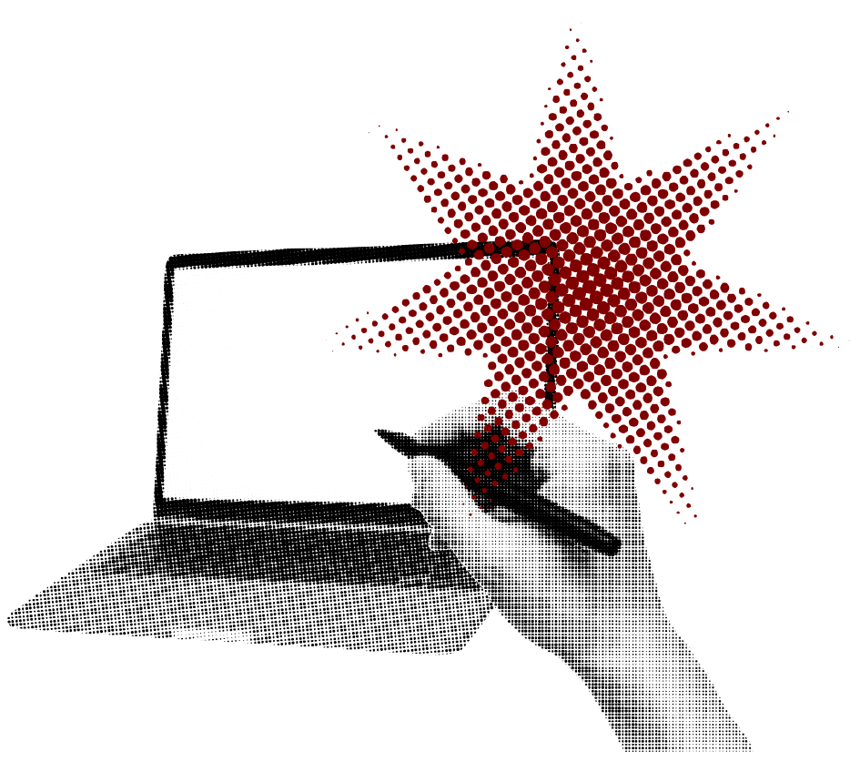 Illustration of a hand writing on a laptop with a red starburst